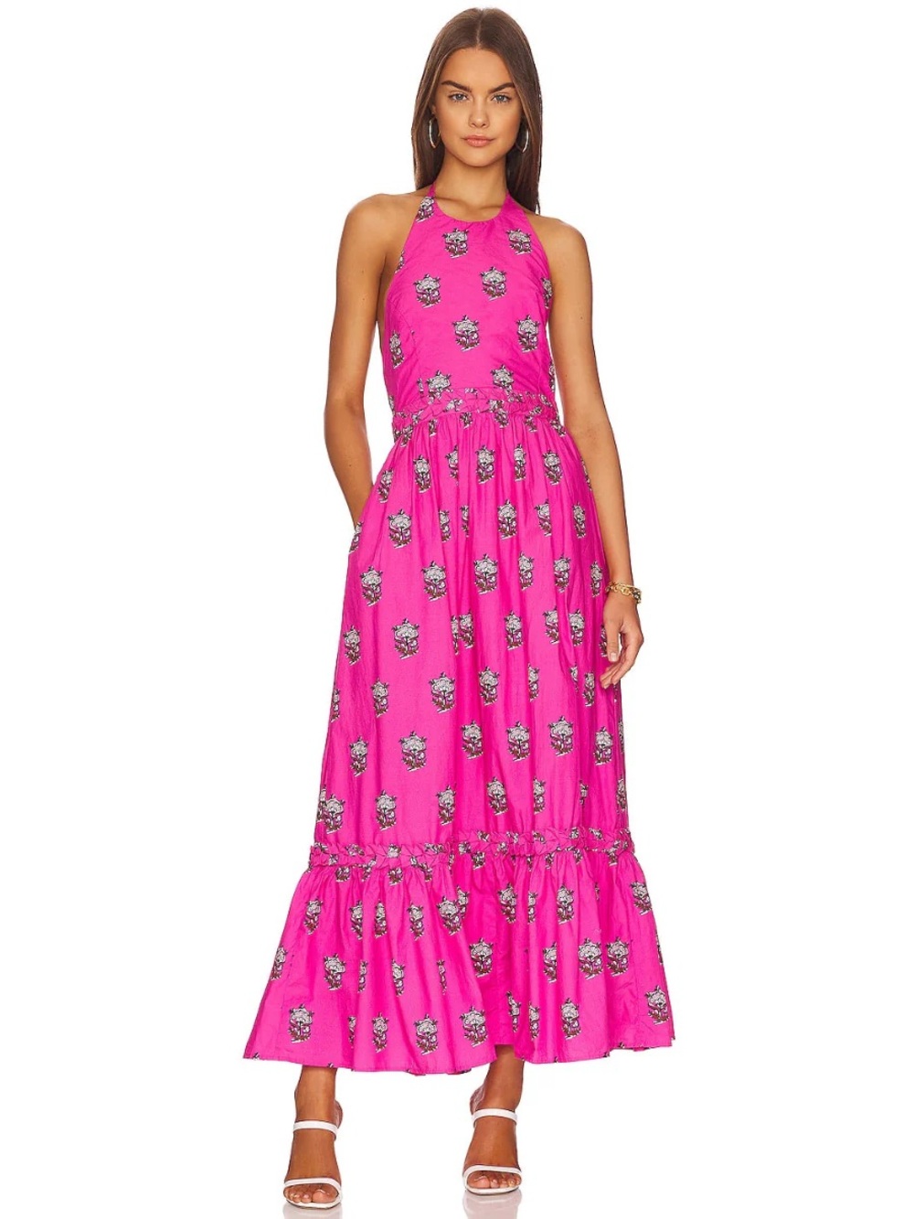 Sleeveless Pink Floral Halter Maxi Dress